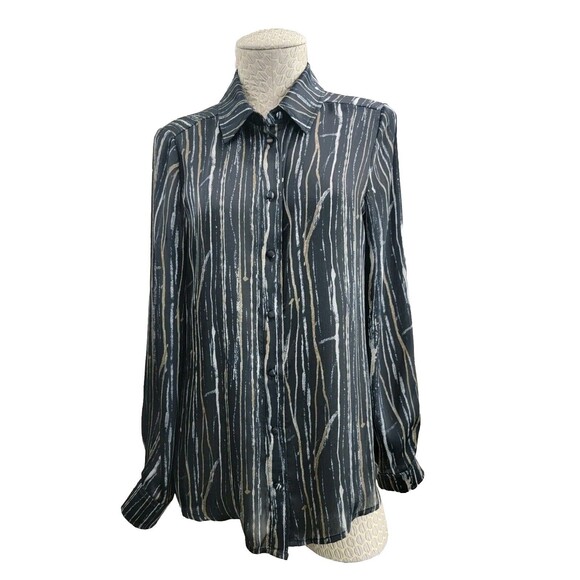 LM Women's Size 8 Zelda Black & Gold LS Silky Button Down Dress Shirt Blouse EUC - Picture 1 of 9